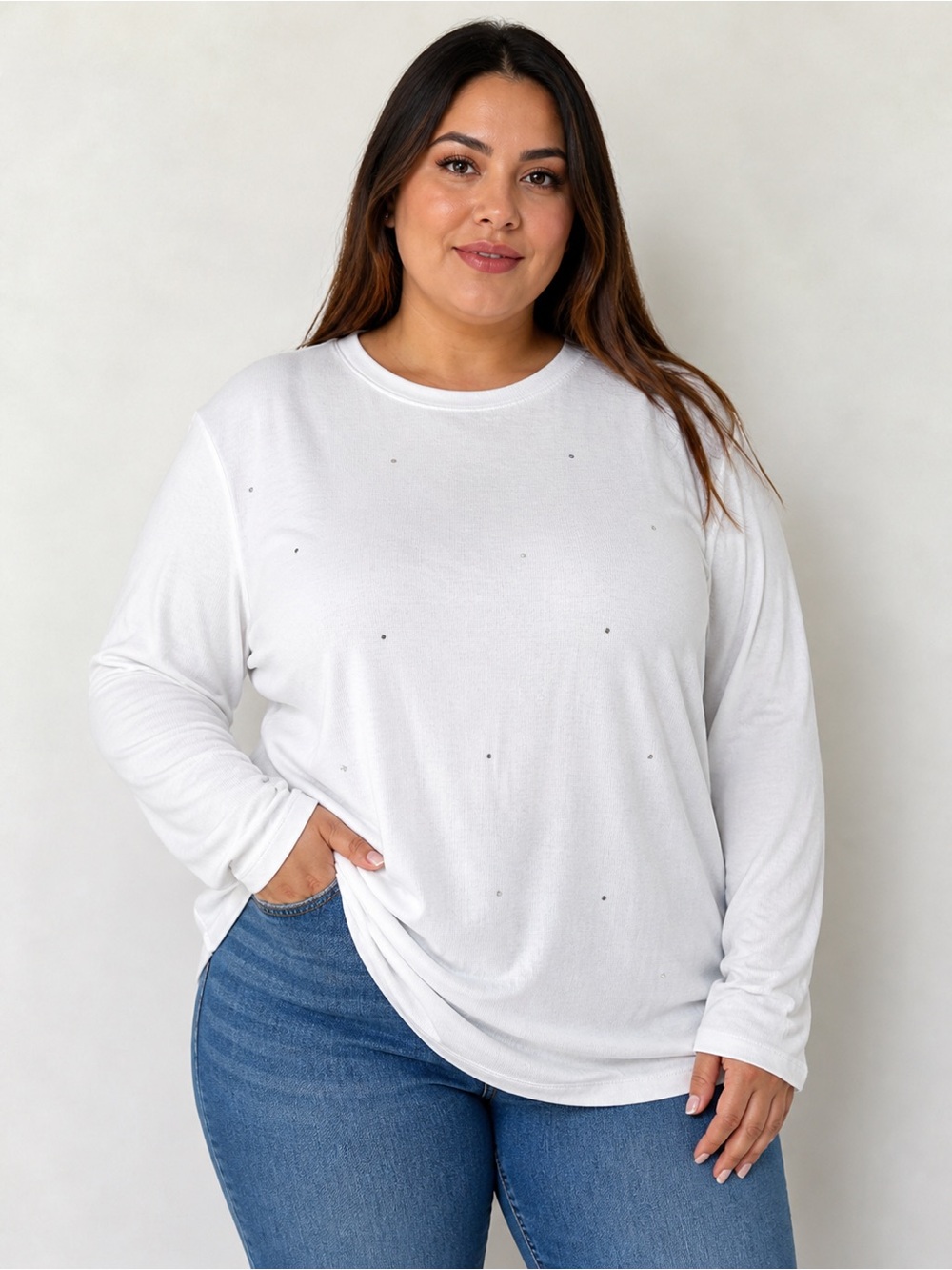 a new day White Long Sleeve Crewneck Top with Small Silver Studs